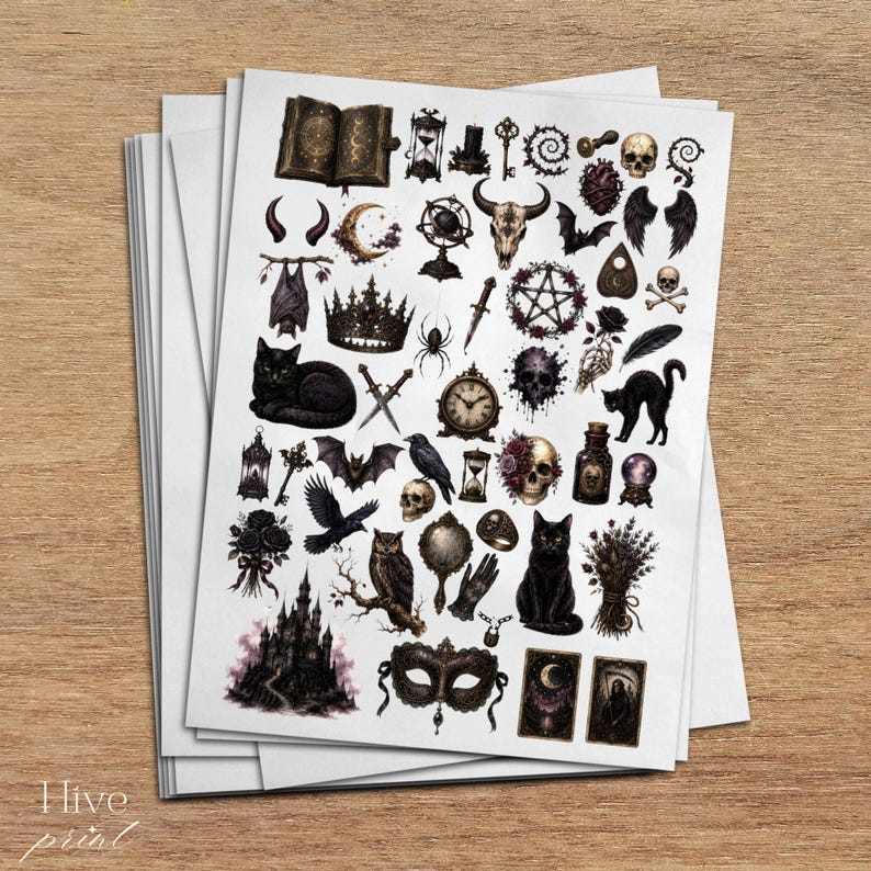 May include: A sticker sheet featuring a collection of dark, gothic-themed illustrations including black cats, skulls, a castle, an owl, ravens, bats, a crown, a pentagram, tarot cards, an hourglass, a dagger, and various mystical symbols in black and grey.
