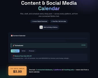 Content Calendar Notion Template, Social Media Planner for Etsy Sellers, Instagram TikTok Pinterest Scheduler, Hashtag Bank Digital Download