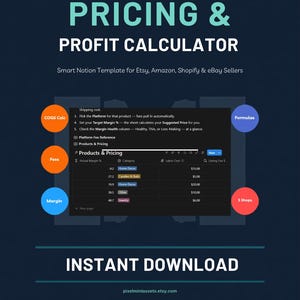 May include: A digital pricing and profit calculator Notion template for e-commerce sellers. The dark-themed interface displays a table with columns for actual margin, category, labor cost, and listing fee, surrounded by circular icons for COGS, fees, margin, formulas, and shops.