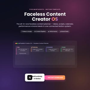 Può includere: Un modello Notion digitale intitolato Faceless Content Creator OS su uno sfondo sfumato scuro. Mostra un'interfaccia di pianificazione dei contenuti con colonne per Idea, Produzione, Programmato e Pubblicato, oltre a un pulsante di download.