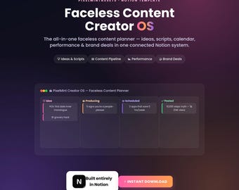 Notion Faceless Content Creator OS Template, Social Media Planner, Script Hub, Video Content Calendar, Performance and Brand Deal Tracker