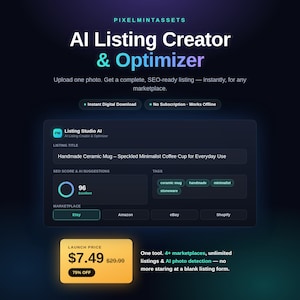 Peut inclure: Une interface numérique pour un outil de création et d'optimisation d'annonces par IA. L'écran affiche un titre pour une tasse en céramique, un score SEO de 96, des tags et des options de places de marché comme Etsy, Amazon, eBay et Shopify.