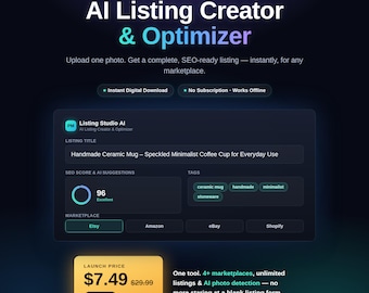 AI Listing Creator and SEO Optimizer for Etsy, Amazon, eBay, Shopify,  AI Title, Tags & Description Generator, No Subscription Digital Tool