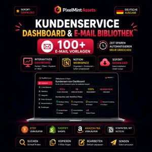 Könnte beinhalten: Ein digitales Kundenservice-Dashboard und eine E-Mail-Bibliothek für Notion mit über 100 Vorlagen. Die Benutzeroberfläche zeigt Workflow-Phasen, Kategorien und Suchfunktionen für Etsy-, Shopify- und Amazon-Verkäufer zur Automatisierung.