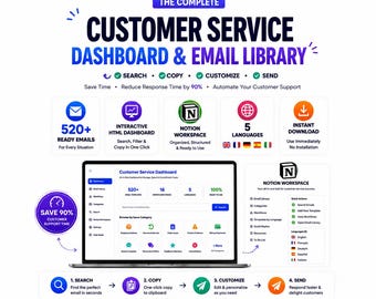 Customer Service Dashboard | 520+ Email Templates | HTML Dashboard + Notion Workspace | Etsy Seller Toolkit