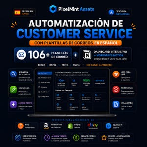 Könnte beinhalten: Eine digitale Dashboard-Oberfläche zur Automatisierung des Kundenservice auf einem Laptop-Bildschirm. Die Grafik enthält Text wie AUTOMATIZACIÓN DE CUSTOMER SERVICE, 106+ PLANTILLAS DE CORREO sowie verschiedene Symbole für Workflow-Funktionen.