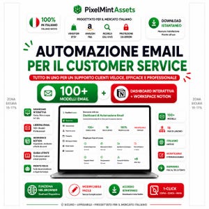 以下が含まれることがあります： PixelMintAssetsのデジタルマーケティンググラフィック。メール自動化ダッシュボードを表示するノートパソコンが描かれています。テキストにはイタリア語で「AUTOMAZIONE EMAIL PER IL CUSTOMER SERVICE」、「100+ MODELLI EMAIL」、「DASHBOARD INTERATTIVA + WORKSPACE NOTION」と記載されています。
