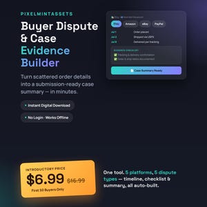Könnte beinhalten: Eine digitale Produktgrafik mit dem Titel Buyer Dispute & Case Evidence Builder von PIXELMINTASSETS. Sie zeigt eine dunkle Benutzeroberfläche mit einem Fallzusammenfassungsfenster, einer Checkliste und Text zu Funktionen wie Sofort-Download.