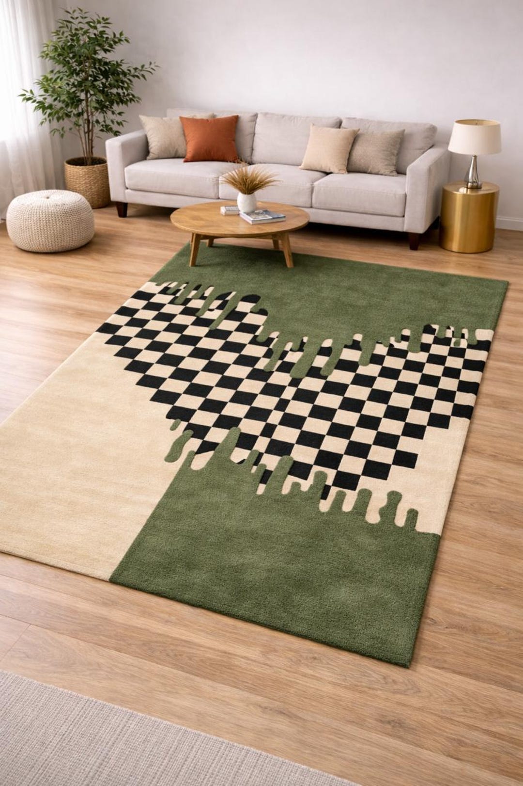 Tufted Check Rug Green Checkered Drip Hand Tufted Rug, Modern Abstract Wool Rug, - Etsy