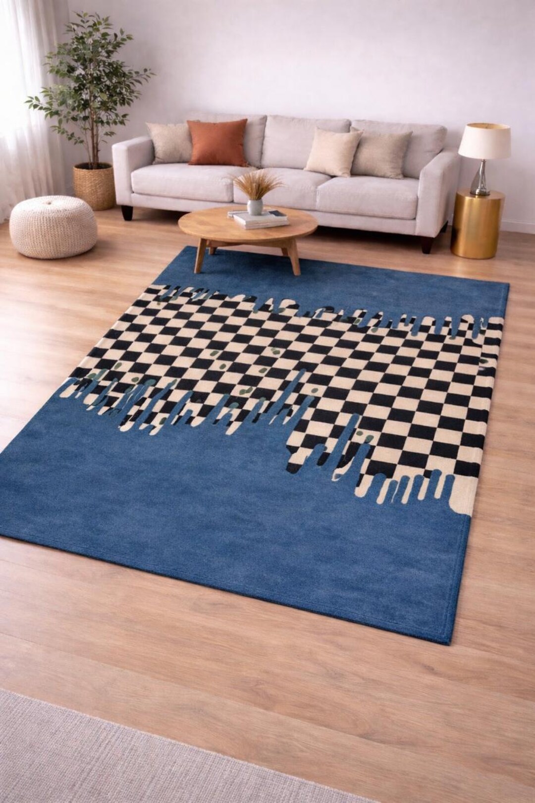 Large Check Blue Rug Blue Checkerboard Hand Tufted Rug, Modern Abstract Area Geometric Wool ...
