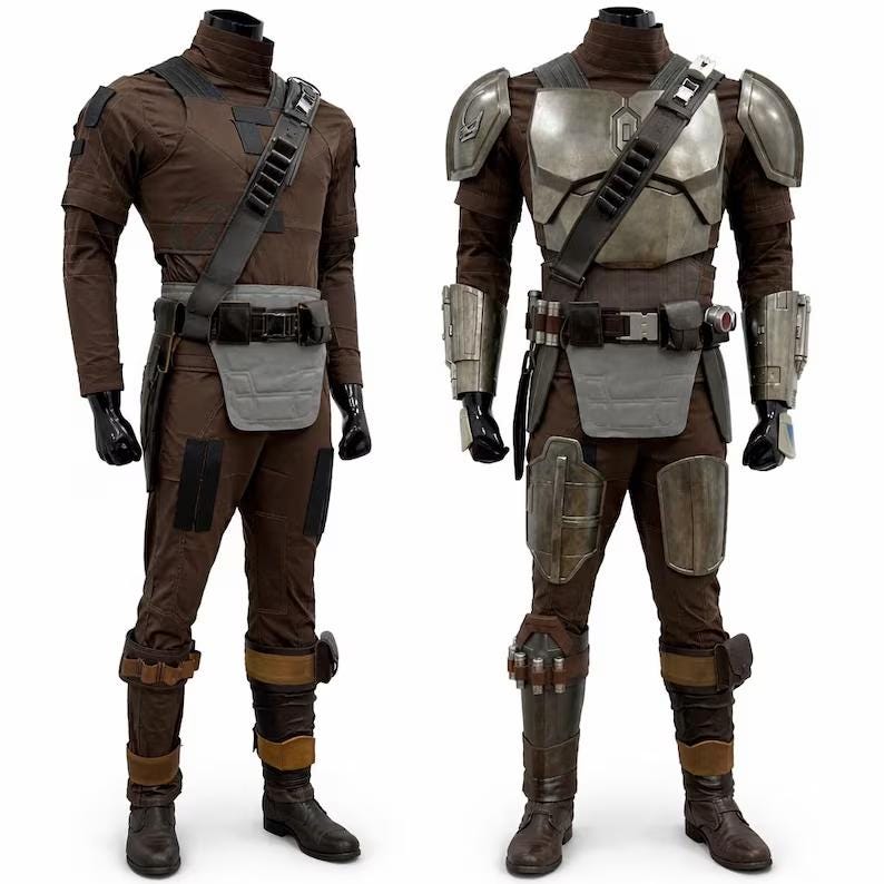 Puede incluir: Dos trajes Mandalorianos marrones y grises sobre maniqu&iacute;es. Uno es un traje marr&oacute;n completo con una correa negra y detalles grises. El otro tiene armadura plateada en el pecho, hombros y brazos, con una correa negra y detalles grises.