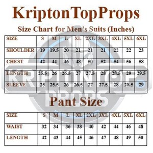Puede incluir: Tabla de tallas de trajes para hombre de KriptonTopProps, con medidas en pulgadas. Incluye tallas de hombro, pecho, largo y manga, as&iacute; como cintura y largo de pantal&oacute;n, de la S a la 6XL.