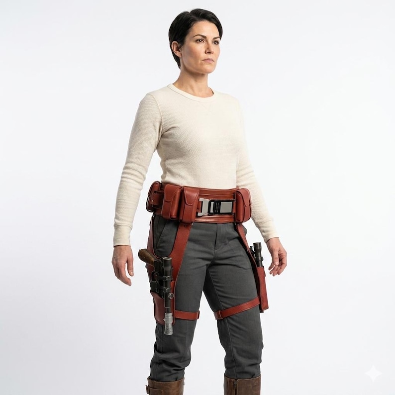 May include: A person wearing a cream-colored long-sleeve shirt, gray pants, and brown boots. They are also wearing a brown leather belt with pouches and a holster for a gun. The outfit has a futuristic or sci-fi theme.