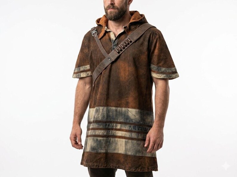 May include: A short-sleeved hooded tunic in a distressed brown finish with a weathered texture. The garment features horizontal light-colored bands near the hem and sleeves, and includes a brown leather-like shoulder strap with metal hardware.