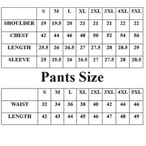 Pode incluir: Tabela de tamanhos de roupa com medidas de ombros, peito, comprimento e comprimento da manga, al&eacute;m de cintura e comprimento da cal&ccedil;a. Tamanhos de S a 5XL, medidas em cm.