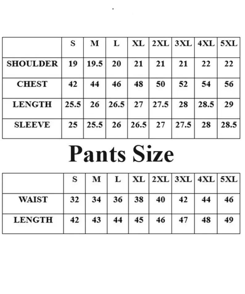 Pode incluir: Tabela de tamanhos de roupa com medidas de ombros, peito, comprimento e comprimento da manga, al&eacute;m de cintura e comprimento da cal&ccedil;a. Tamanhos de S a 5XL, medidas em cm.