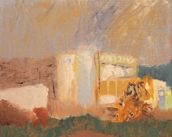 Construction Site CIty, Cityscape Urban Oil landscape painting, Palette knife, 10 inches x 12 inches, tan orange blue green, neutral colors