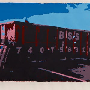 Screenprint, silkscreen on paper, original fine art, construction dumpster, IHOP restaurant, blue brown red pink, 17in x 26in, palette metal