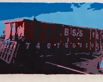 Screenprint, silkscreen on paper, original fine art, construction dumpster, IHOP restaurant, blue brown red pink, 17in x 26in, palette metal