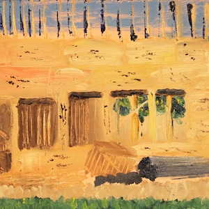 Original landscape oil painting, international house of pancakes, city, 10in x 12in, tan and neutral artwork, painting of city construction