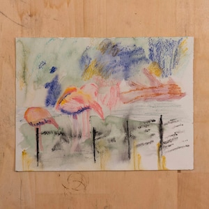 Flamingos Watercolor Pencil Painting on Paper