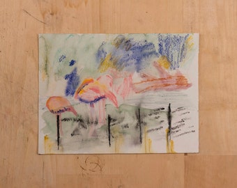 Flamingos Watercolor Pencil Painting on Paper