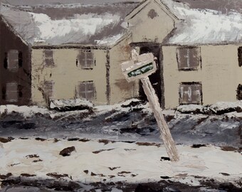Original oil landscape painting, palette knife painting, 12in x 12in, textured surface painting, Leaning street sign painting, snow cold