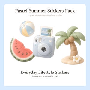 Puede incluir: Un paquete de pegatinas digitales titulado Pastel Summer Stickers Pack y Everyday Lifestyle Stickers que incluye una pelota de playa, una rodaja de sandía, una cámara instantánea azul claro y una palmera con una flor blanca.