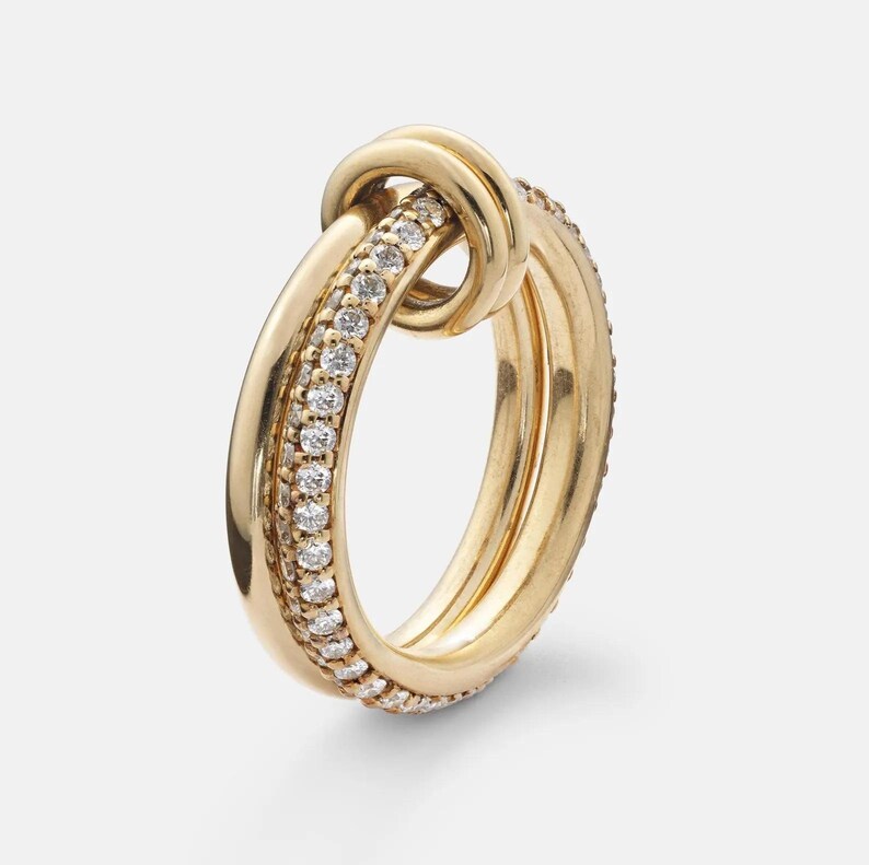 Interlocking Ring Set 14K Gold Diamond Pave Interlocking Ring Set, Two Tone Statement Band - Etsy