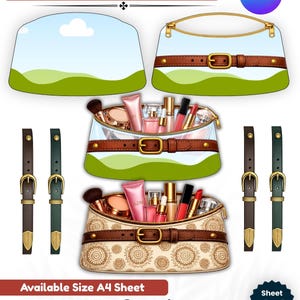Pode incluir: Modelo digital para bolsas de cosméticos DIY. O design apresenta três variações de bolsas com alças marrons semelhantes a couro e fivelas douradas. As bolsas são preenchidas com itens de maquiagem. O texto "DIY Cosmetic Purse Template" está no topo.