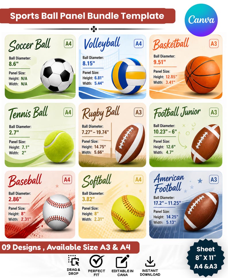Sports Ball Panel Template Bundle Canva Editable, Softball Basketball ...