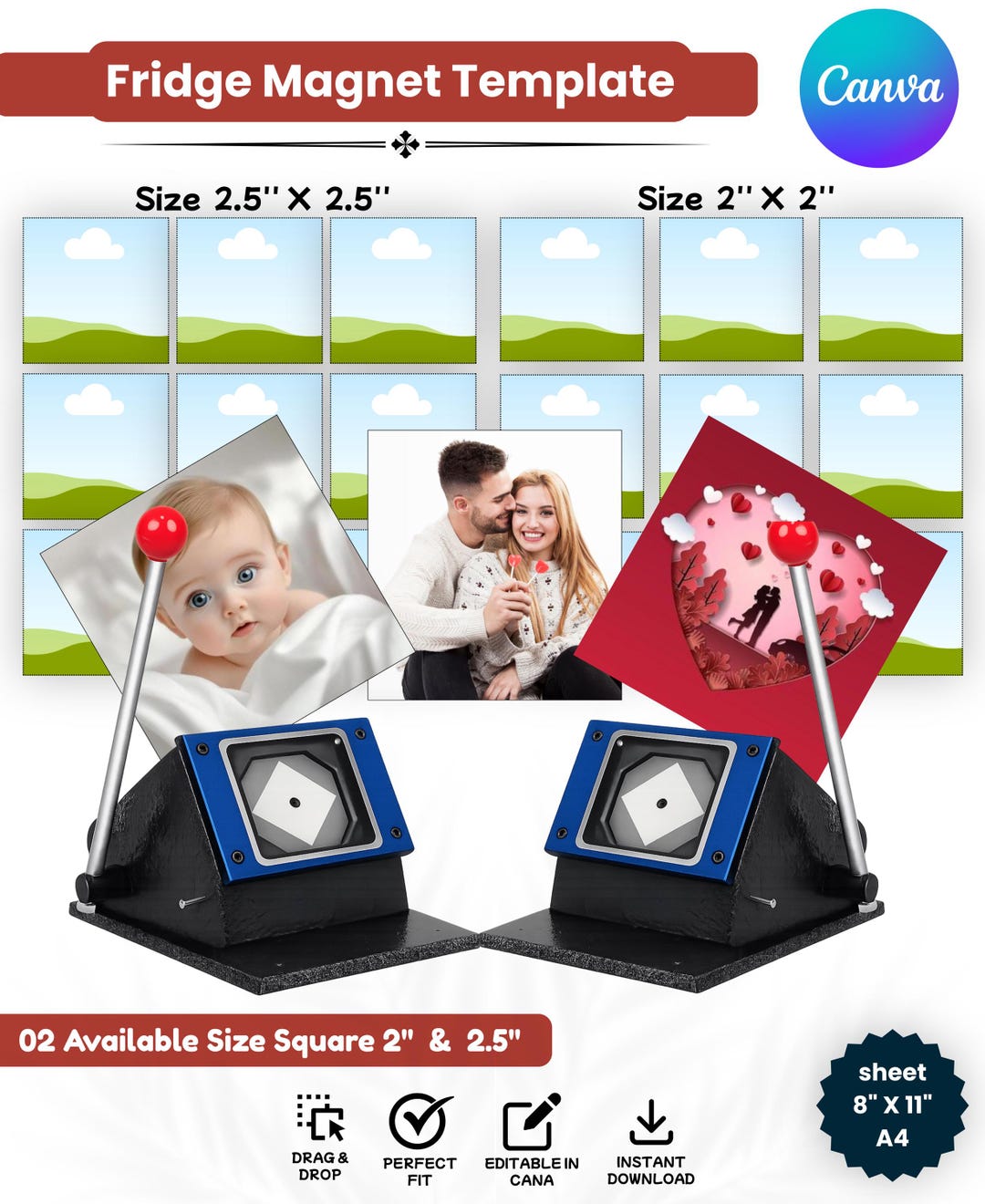 Fridge Magnet Template Bundle, Editable Canva Photo Magnet Template ...