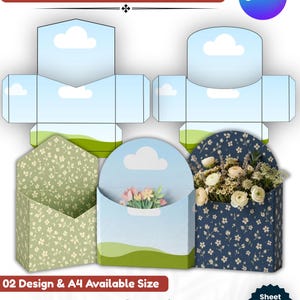Puede incluir: Una plantilla de caja de flores con forma de sobre con un diseño de cielo azul y paisaje verde. La plantilla está disponible en formato A4 y mide 20,3 cm x 28 cm. El diseño es editable y se puede descargar al instante.