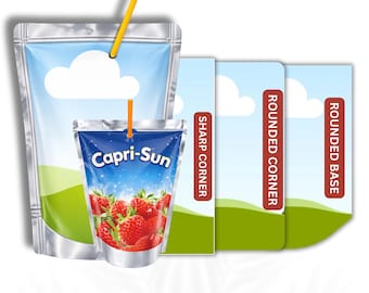 Modello Capri Sun su Canva, etichetta modificabile per bustina di succo, modello di etichetta Capri Sun, mockup per bustina di succo, confezione Capri Sun per bomboniera