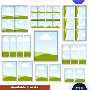 Könnte beinhalten: Ein digitales Bündel druckbarer Notizblockvorlagen mit verschiedenen Rasterlayouts, die einen blauen Himmel und grüne Hügel zeigen. Der Text lautet Printable Notepads Template Bundle, Available Size A4 und Sheet 8 inches by 11 inches A4.