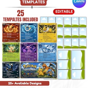 May include: A digital template set titled Michi Method Binder Templates featuring 25 editable designs. The image displays various Pokémon trading card graphics, including Flareon, Vaporeon, Jolteon, Leafeon, Espeon, Glaceon, and Umbreon, alongside blank card placeholders.
