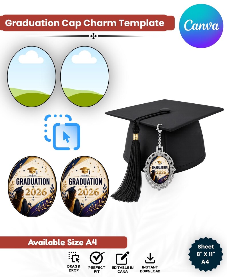 Graduation Cap Chsrms Graduation Cap Charm Template Canva Editable, Graduation Tassel Charm ...