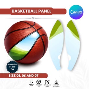 以下が含まれることがあります： バスケットボールと風景を描いたデジタルデザイン。デザインには「BASKETBALL PANEL」、「sheet size 8" X 11" /A4」、および「SIZE 05, 06 AND 07」というテキストが含まれています。 Canvaのロゴも表示されています。