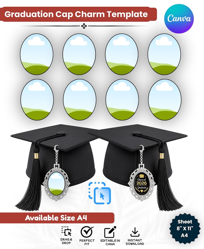 Graduation Cap Chsrms Graduation Cap Charm Template Canva Editable, Graduation Tassel Charm ...