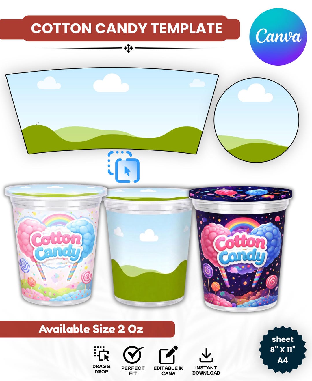 Example Candy Labels 2oz Cotton Candy Label Template Canva Editable, Cotton Candy Tub ...