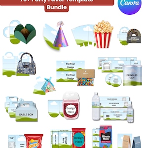 May include: A collection of party favor templates, including gable boxes, popcorn containers, and water bottle labels. The image features various designs, including a donut holder, chip bags, and a Pringles can. Text includes "75+ Party Favor Template Bundle" and "Design Here."