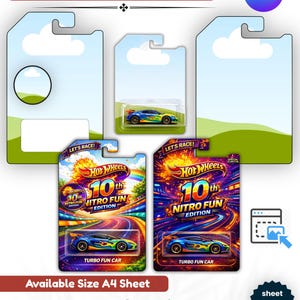 May include: A template for toy car card holders, featuring a blue, green, and yellow toy car. The design includes the text "Toy Car Card Holder Template", "LET'S RACE!", and "HOT WHEELS 10th NITRO FUN EDITION". The sheet size is 8" x 11".