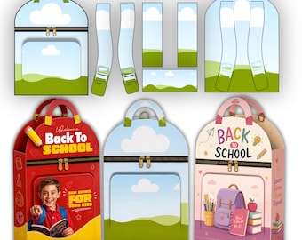 Modello di scatola regalo per zaino scolastico modificabile su Canva, pacchetto di modelli di scatole regalo per zaini, modello di scatola per bomboniere scolastiche, borsa regalo per il ritorno a scuola