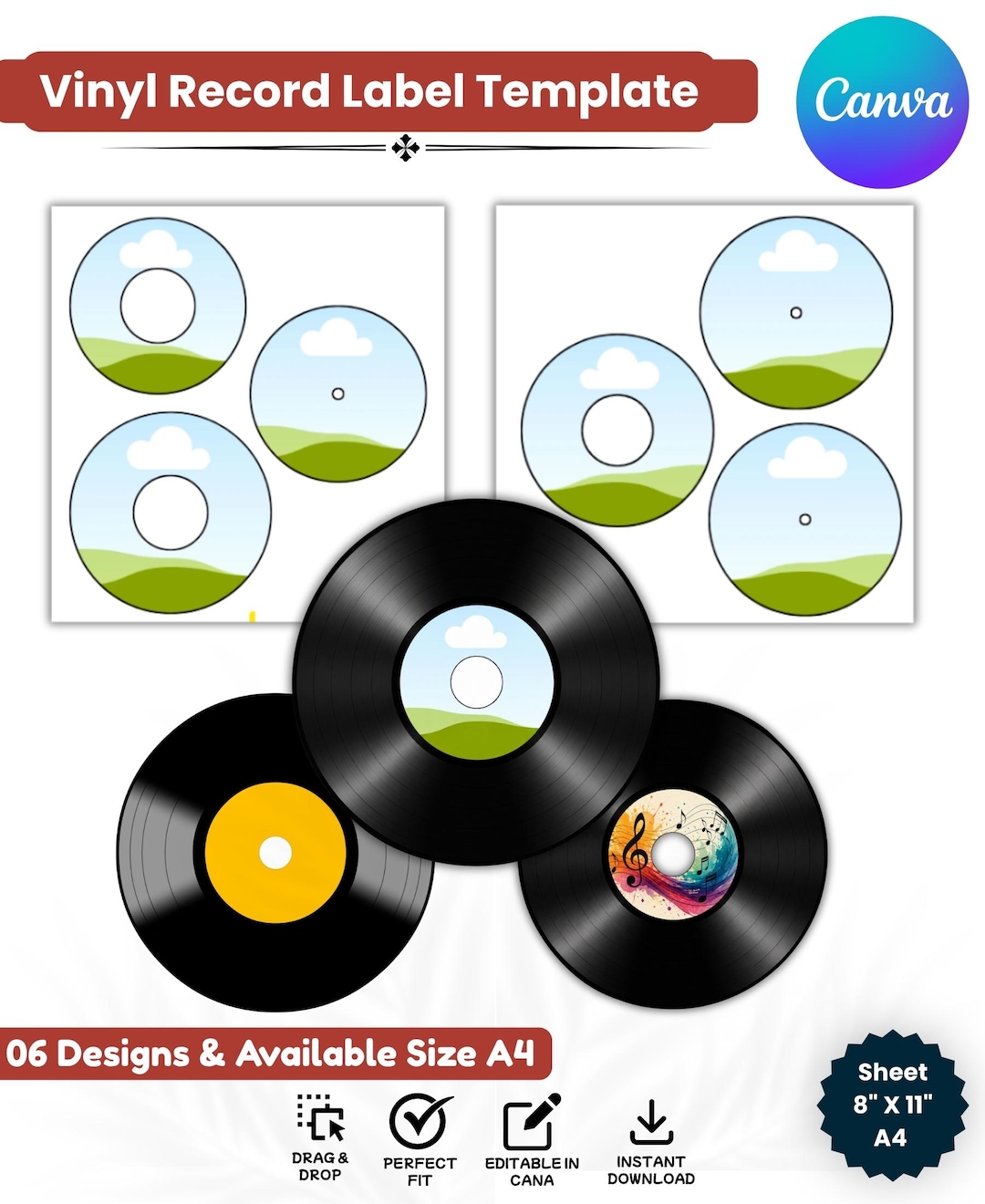Vinyl Record Label Template Canva Editable Bundle, Custom Record Label ...