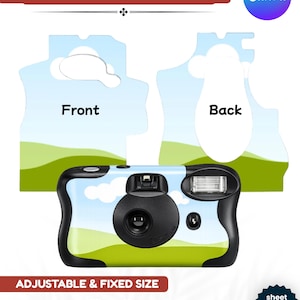May include: A disposable camera wrap with a blue sky and green landscape design. The wrap is designed to fit a camera and includes text that reads "DISPOSABEL CAMERA WRAP" and "ADJUSTABLE & FIXED SIZE". The sheet size is 8" x 11".