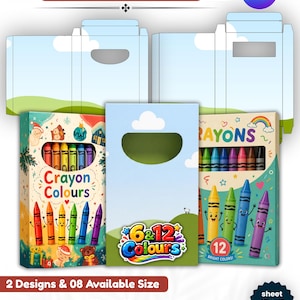 以下が含まれることがあります： 「Crayon Box Template」と「Canva」のテキストが入ったクレヨンボックスのテンプレート。空と草の背景のボックス、クレヨンボックスには「Crayon Colours」、「6 & 12 Colours」、「12 Bright Colors!」の文字。シートサイズは20.32 cm x 27.94 cmです。