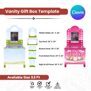 May include: A vanity gift box template with dimensions displayed. The design includes a pink Easter-themed box with a mirror and lights, and a blue and green box. Text includes "Vanity Gift Box Template" and "Available Size 3.5 Ft."
