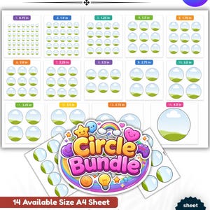 May include: A template for circle designs, featuring 14 sizes from 0.75 inches to 4.0 inches. The design includes a colorful "Circle Bundle" graphic, with the text "Circle Bundle Template" at the top. The sheet size is 8" x 11" A4.