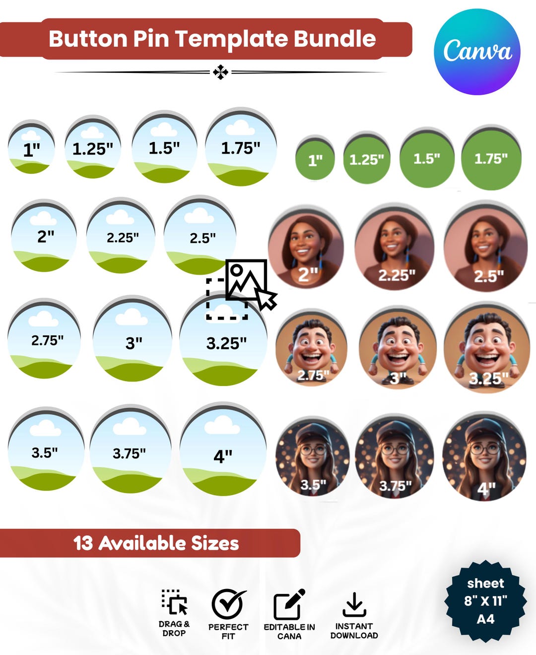 Button Pin Template Bundle, Editable Canva Button Badge Template, 13 ...