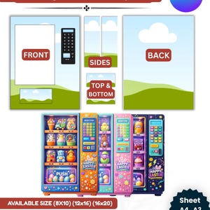 May include: A vending machine template with front, back, and side views, plus top and bottom sections. The design includes colorful vending machines with Easter-themed graphics and the text "HAPPY EASTER". Available in various sizes, with drag & drop and editable features.